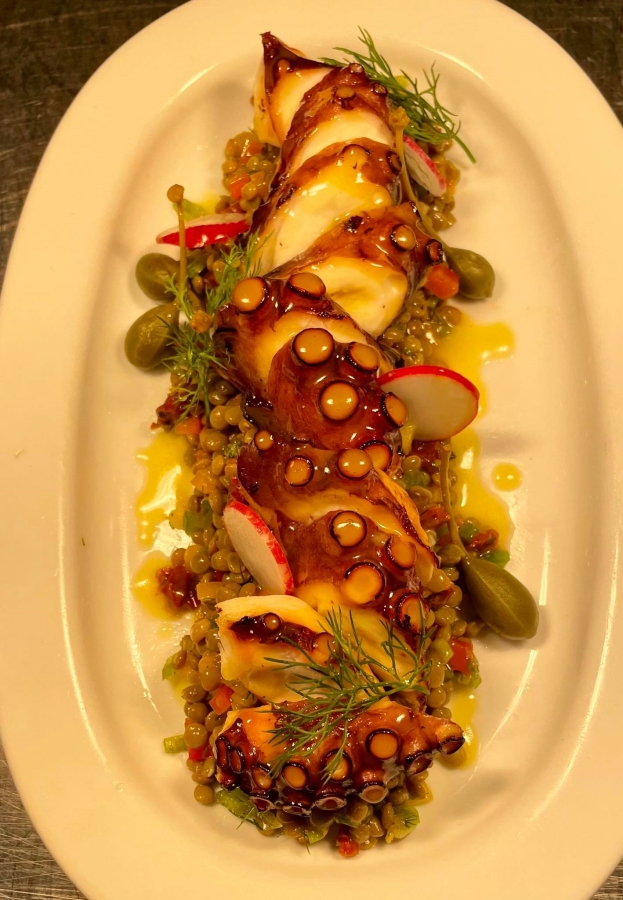 Octopus is a particularly aromatically flavorful appetizer cooked in many ways. Chef Konstantinos Koveos prepares octopus with lentil salad.