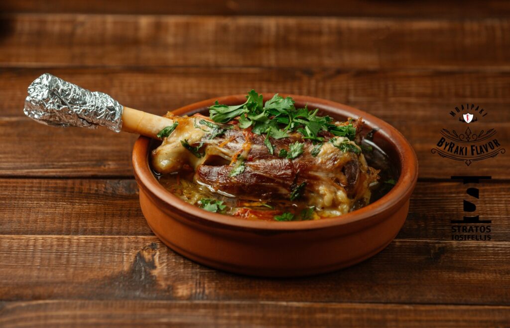 Braised lamb shank cooked with Byraki flavor