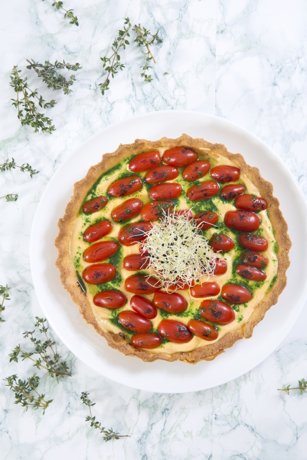 Vegan Quiche is a delicious recipe ideal for a light lunch. Chef Nikos Nezeritis prepares a dish with saute cherry tomatoes and parsley oil.